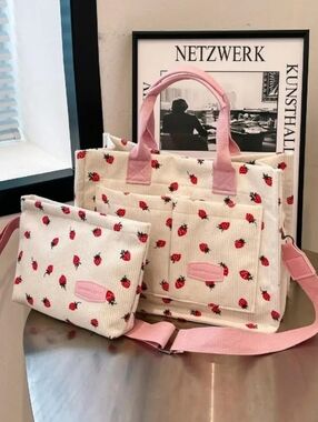 New Strawberry Print Tote & Pouch - Pink/Ivory Combo